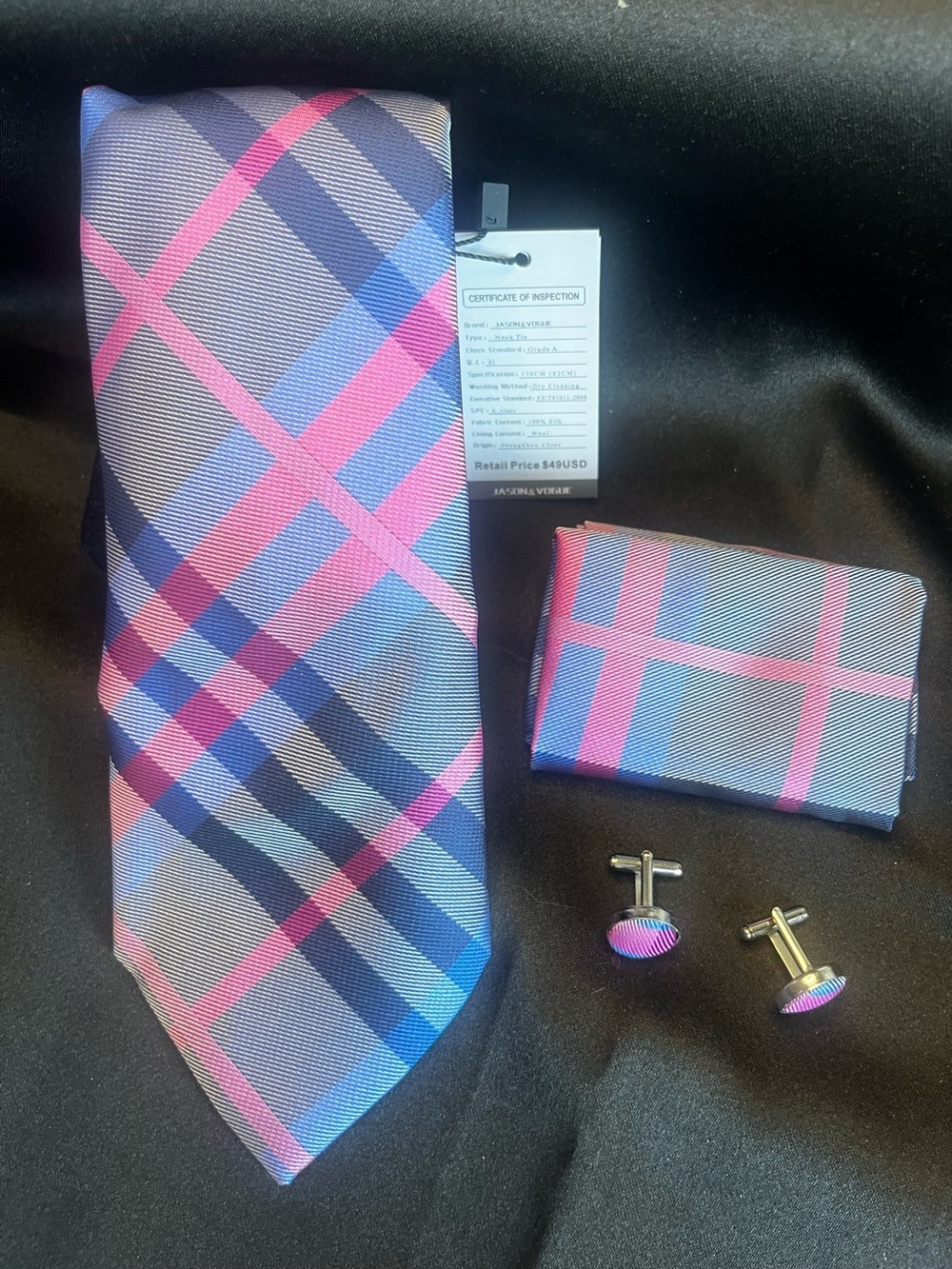 Men's Pink & Blue Plaid Tie Set with Pocket Square and Cufflinks